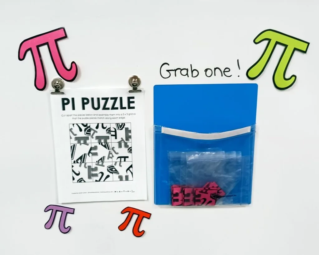 pi puzzle for pi day hung on dry erase board with magnetic pocket full of puzzle pieces 