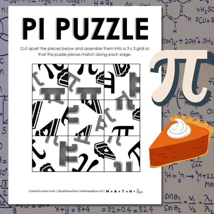 screenshot of pi puzzle for pi day with cartoon pi symbol and slice of pi
