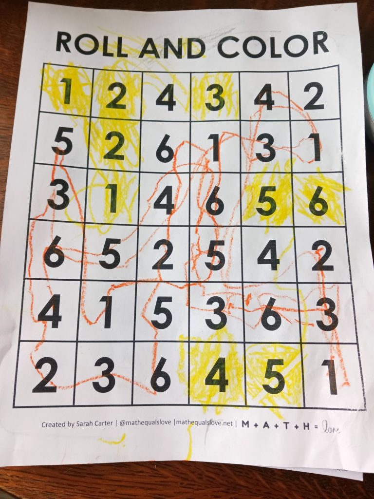 Toddler Example of Completed Roll and Color Worksheet 