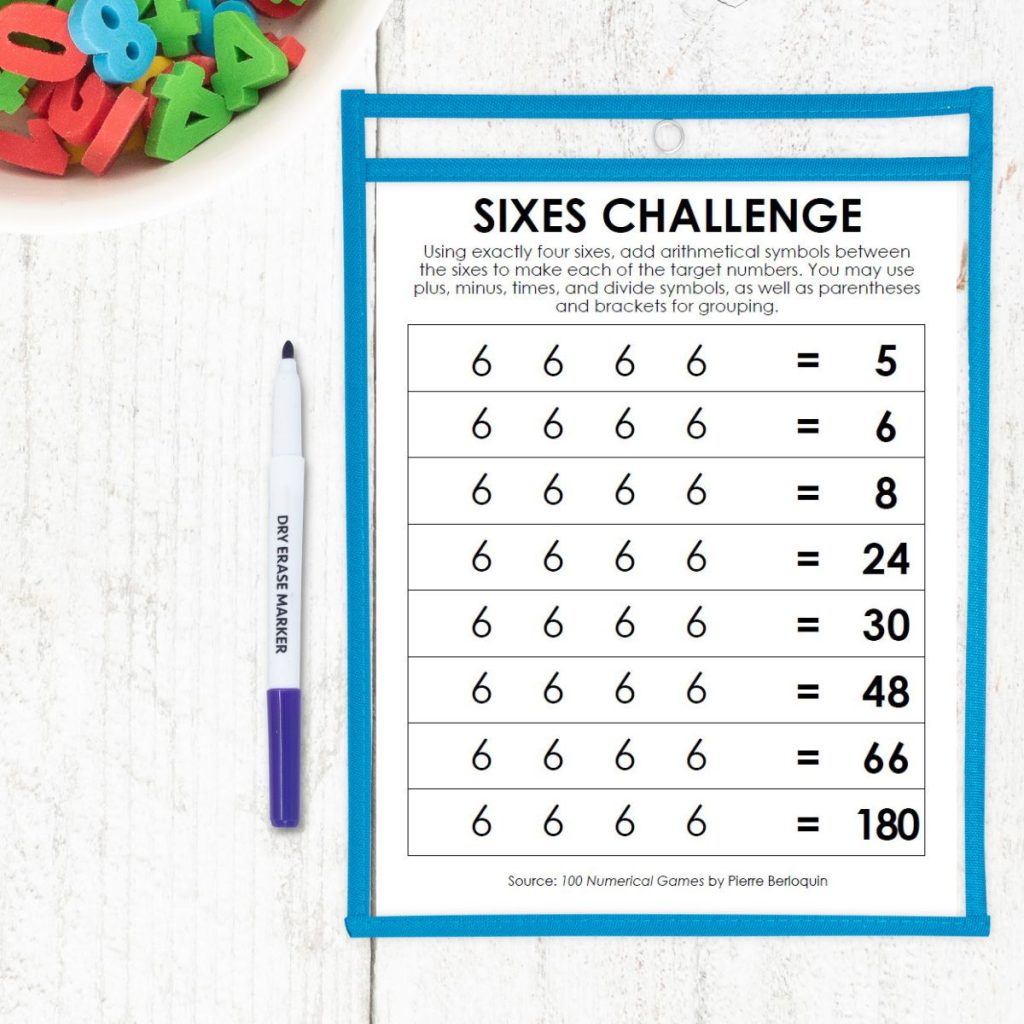 sixes number challenge in dry erase pocket