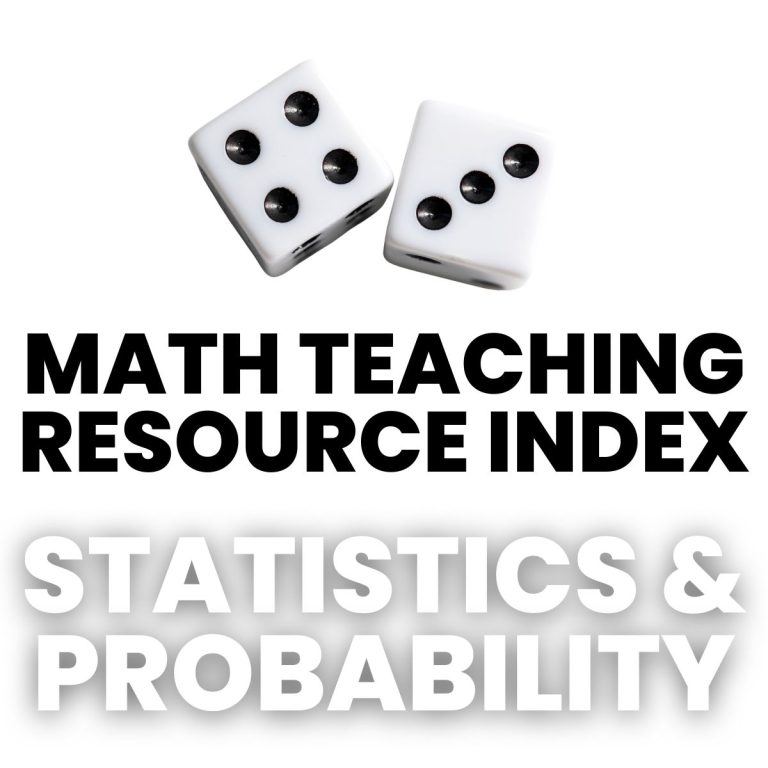 two dice with text "math teaching resource index: statistics & probability" 