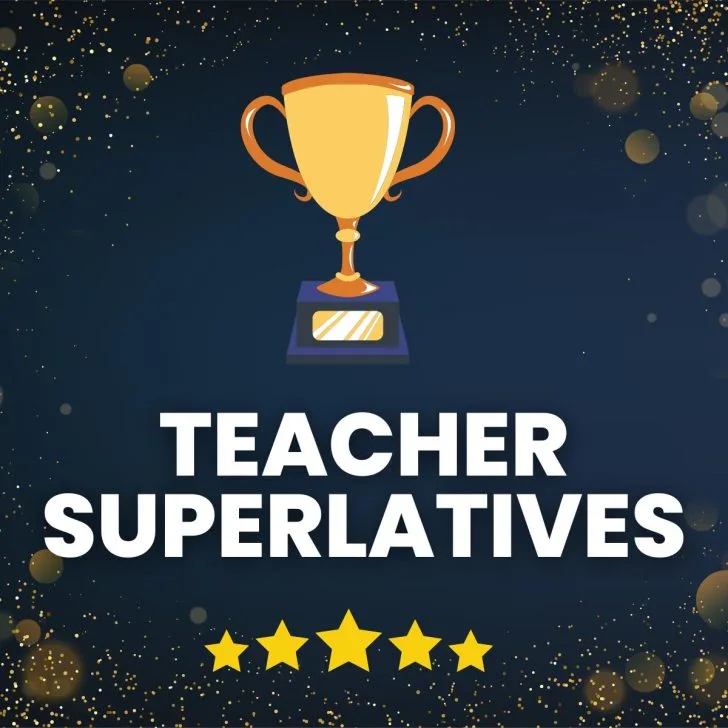 Drawing of Trophy with text "teacher superlatives" 