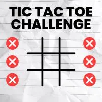 tic tac toe board with six red circles with white x's on them around edge of tic tac toe board. Title of 