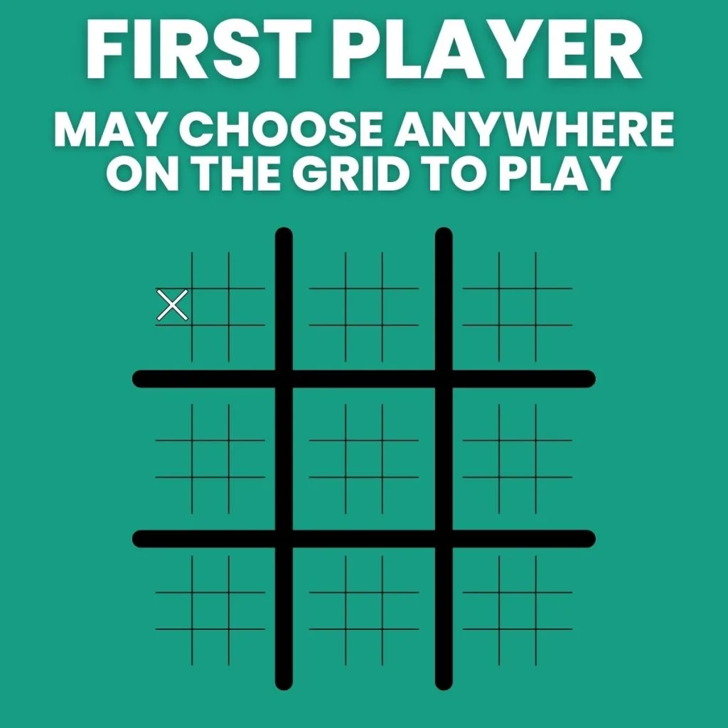 instruksi tic tac toe pamungkas: pemain pertama dapat memilih di mana saja di grid untuk bermain 