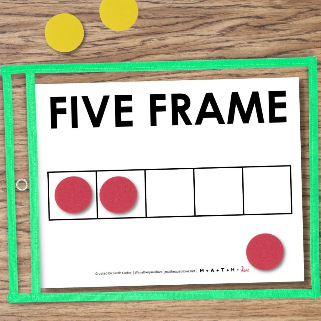 blank 5 frame template in dry erase pocket with two colored counters 