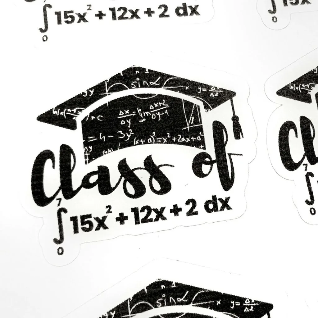 Close up of Class of 2023 Sticker with Calculus Design 