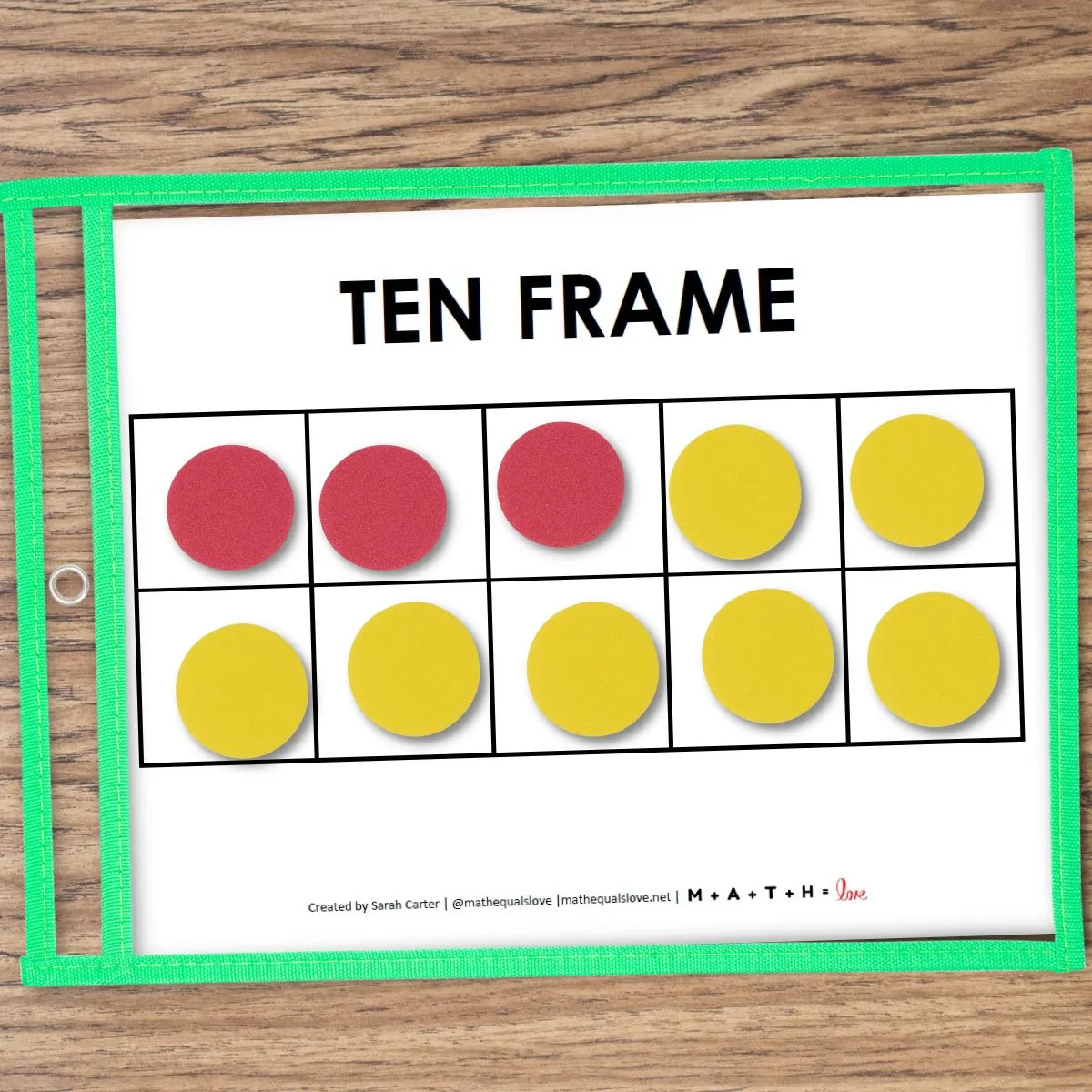blank 10 frame template in dry erase pocket with two colored counters on top