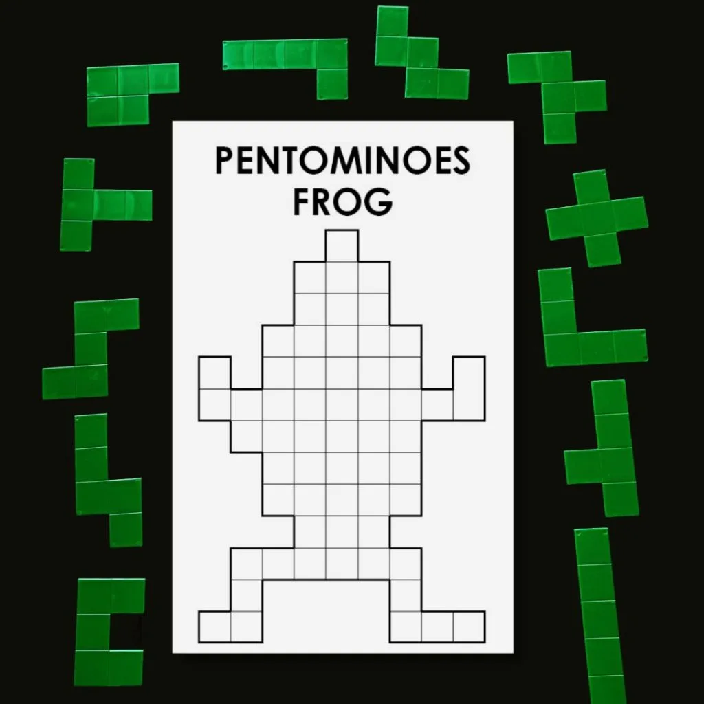 teka-teki katak pentomino dikelilingi oleh set standar 12 pentomino dengan latar belakang hitam 