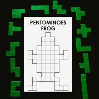 pentominoes frog puzzle surrounded by standard set of 12 pentominoes on black background