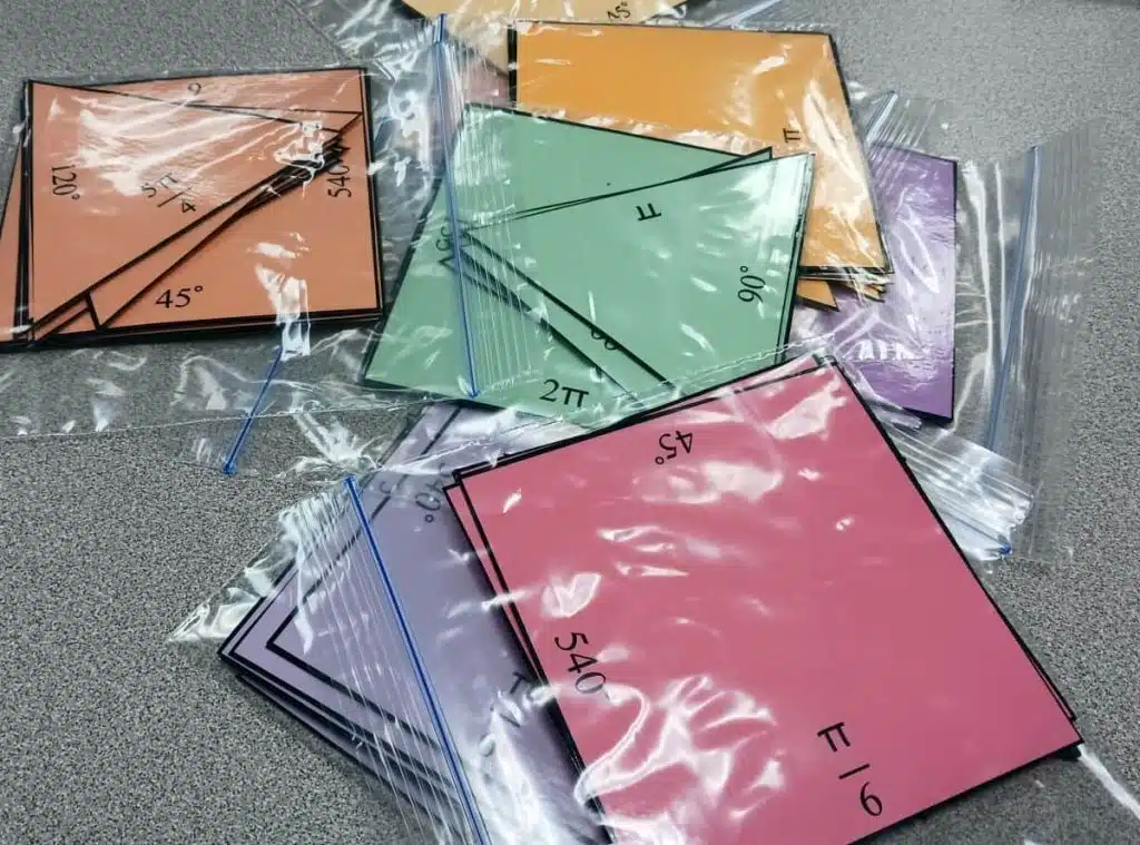 ziplock bags full of degrees and radians tarsia puzzles 