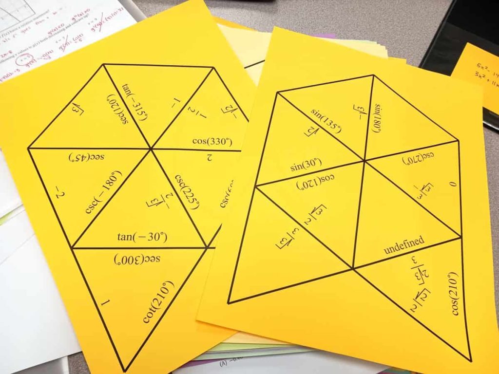 printed puzzle pieces on colored paper for evaluating trig functions tarsia puzzle 