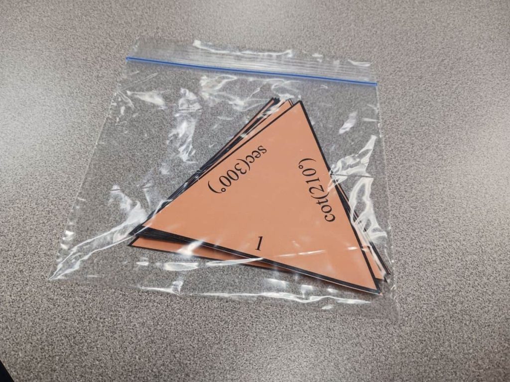 cut apart triangles for evaluating trig functions puzzle in ziplock bag 