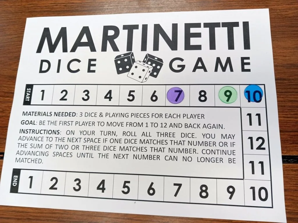 martinetti dice game with bingo chips as playing pieces 
