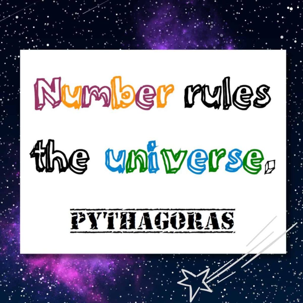 math quote poster: number rules the universe (pythagoras) with stars and galaxy in background