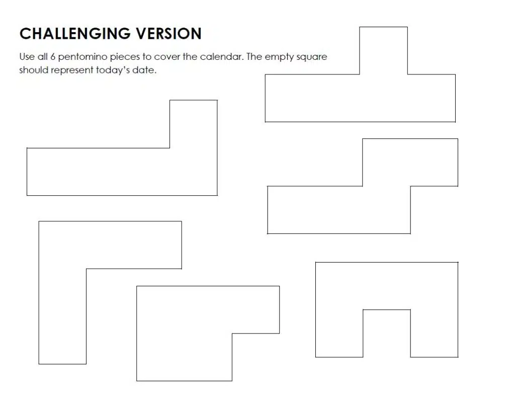 Pentomino Pieces Needed for Challenging Version of Pentomino Calendar 