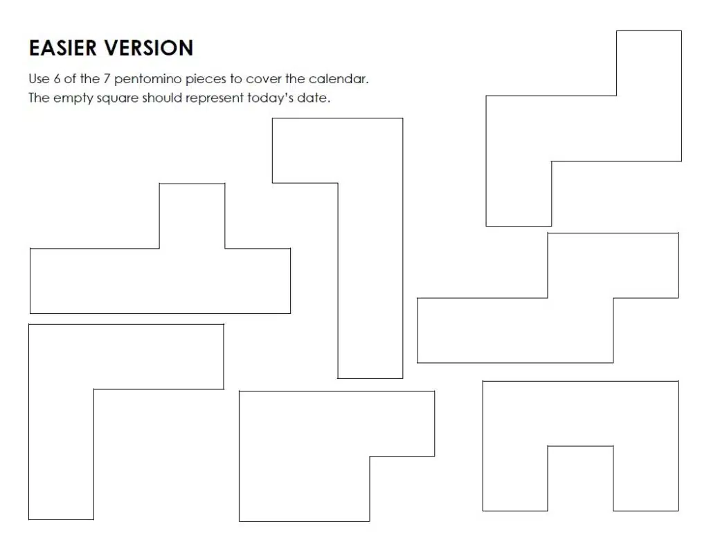 Pentominoes needed for easier version of pentominoes calendar puzzle 