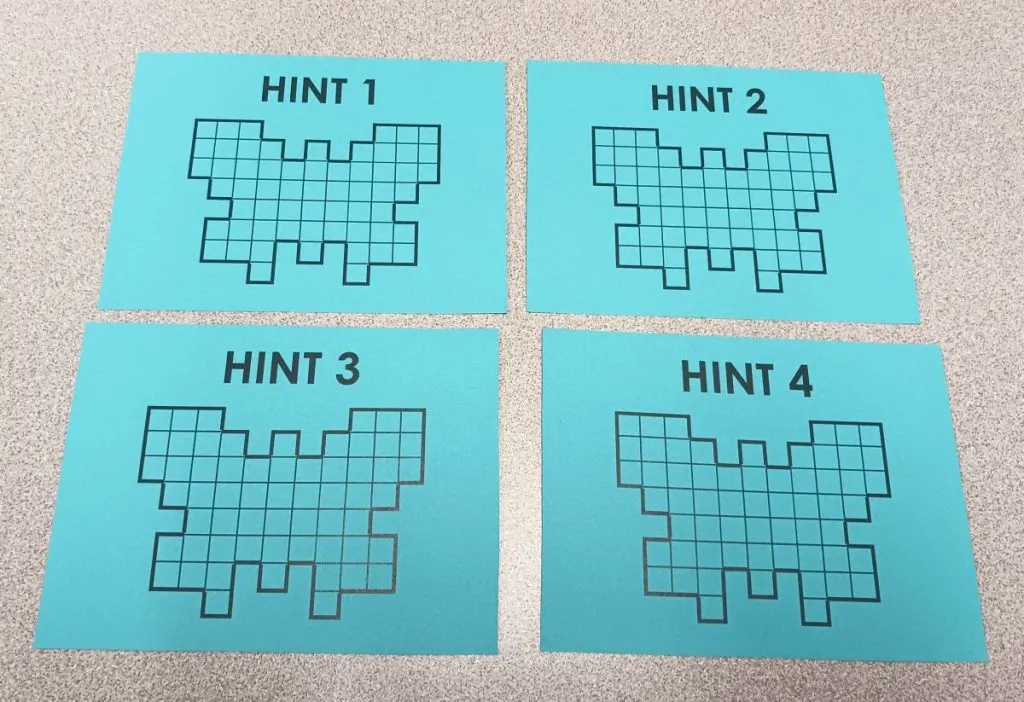 set of four hint cards for pentominoes butterfly puzzle