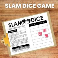 Slam Dice Game instructions and scoresheet on clipboard with three pink dice on top