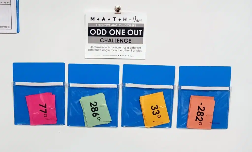 odd one out reference angles activity hanging on dry erase board in trigonometry classroom 