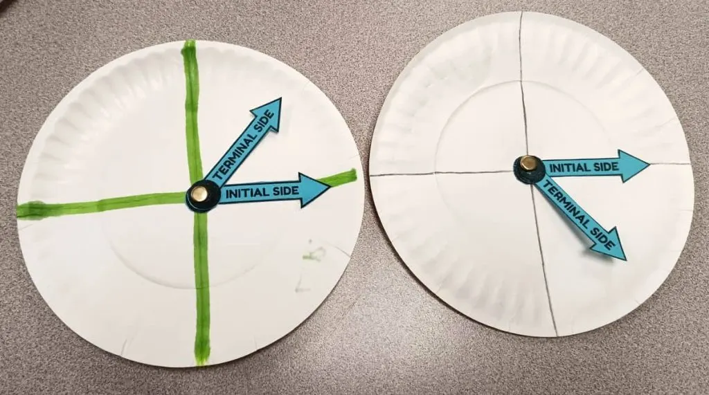 two paper plate angle spinners sitting on desk in math classroom 