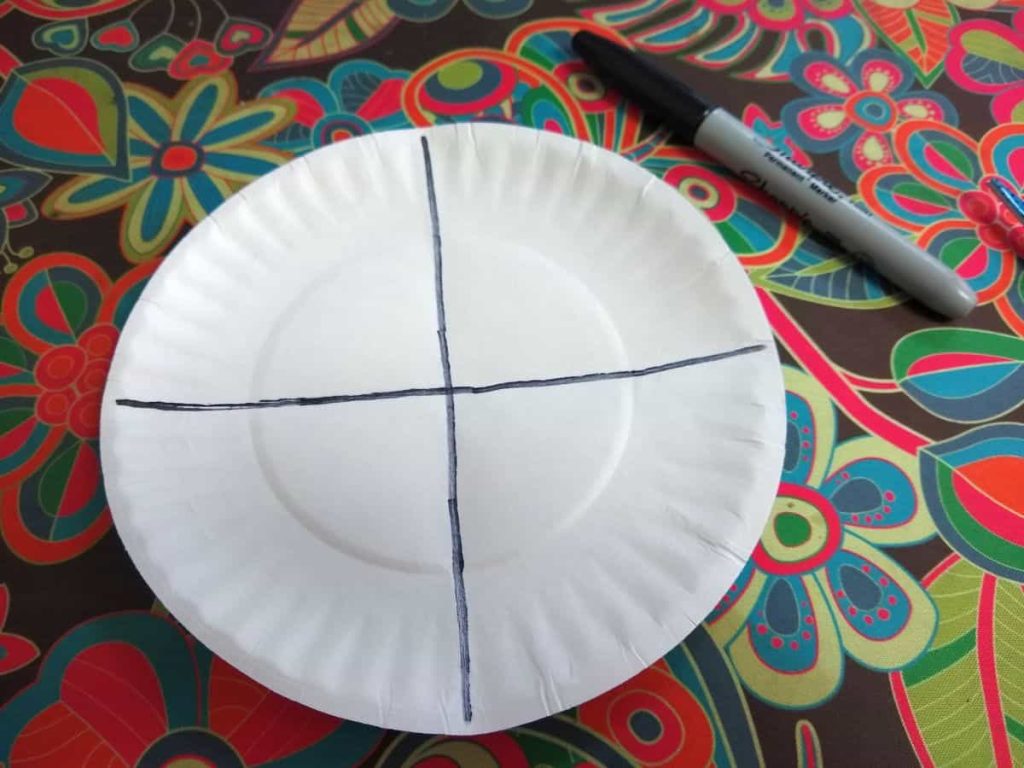 small paper plate divided into four quadrants with black sharpie 