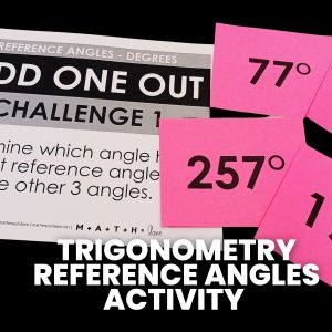 trigonometry reference angles activity with colored angle clards setting next to instruction page