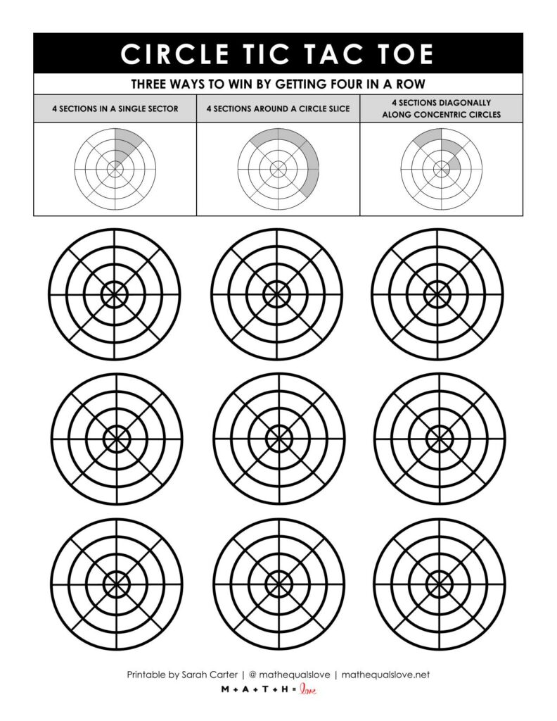 page with 9 circle tic tac toe game boards. 