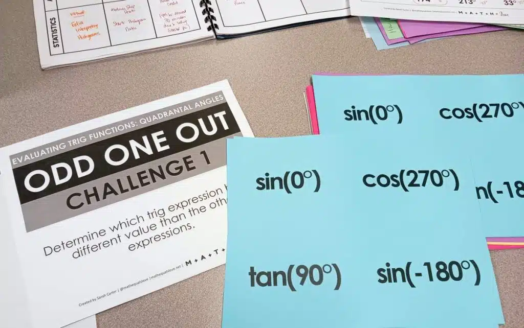 evaluating trig functions of quadrantal angles odd one out activity laying on desk in high school math classroom 