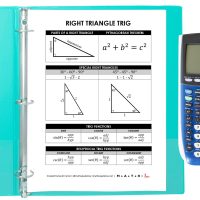 right triangle trig formula sheet in binder with graphing calculator next to binder