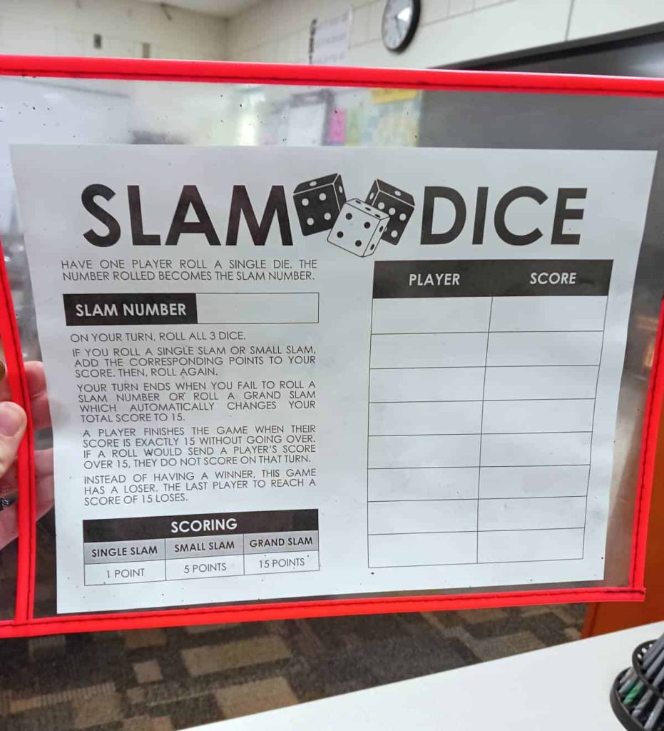 slam dice game template in dry erase pocket in high school math classroom 