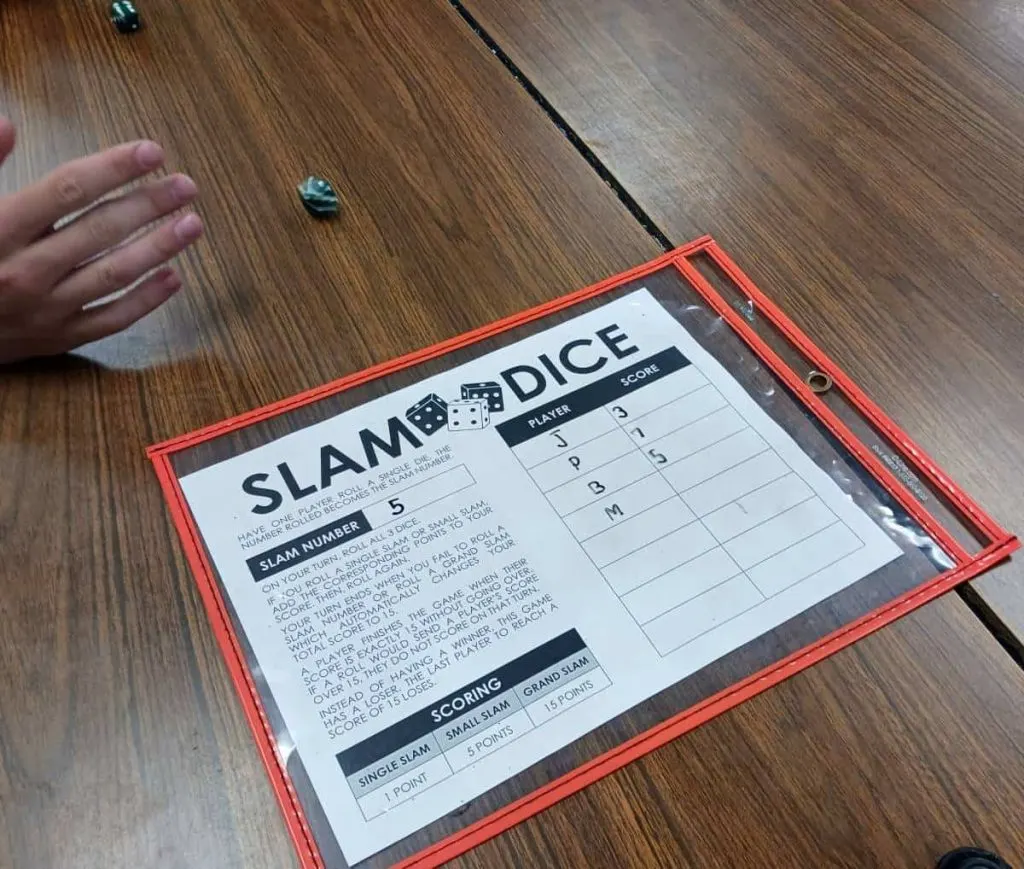partially completed score sheet for slam dice game 