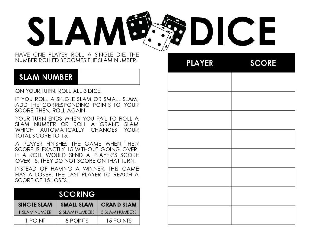 Slam Dice Game Instructions and Score Sheet 