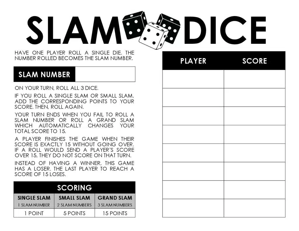 Blank Dice Game Sheet