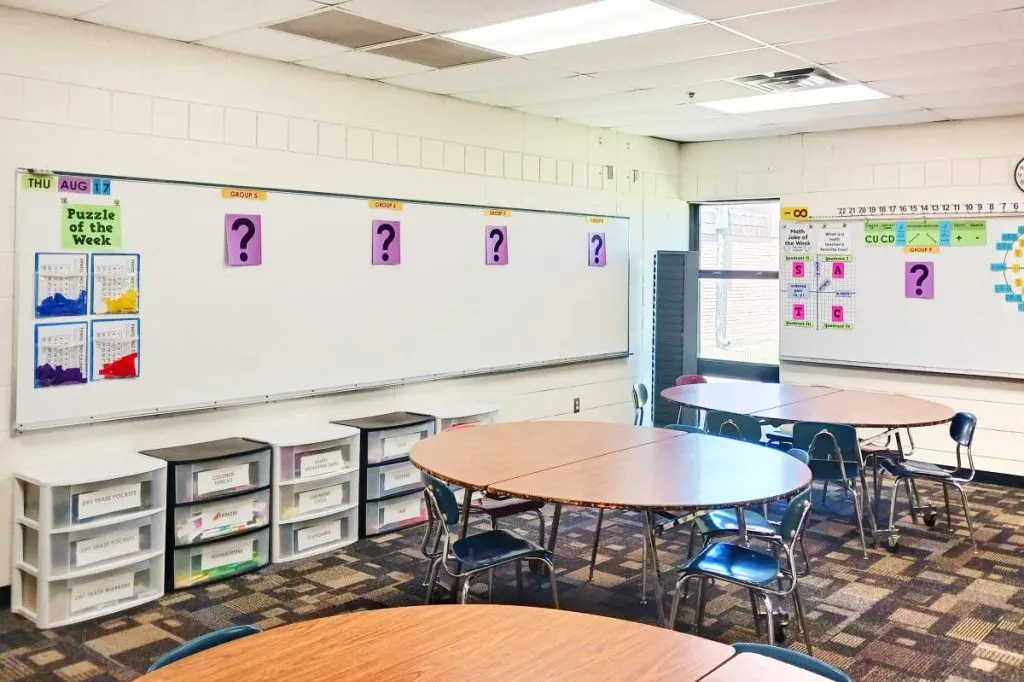 photo of high school math classroom with question mark posters scattered around classroom 