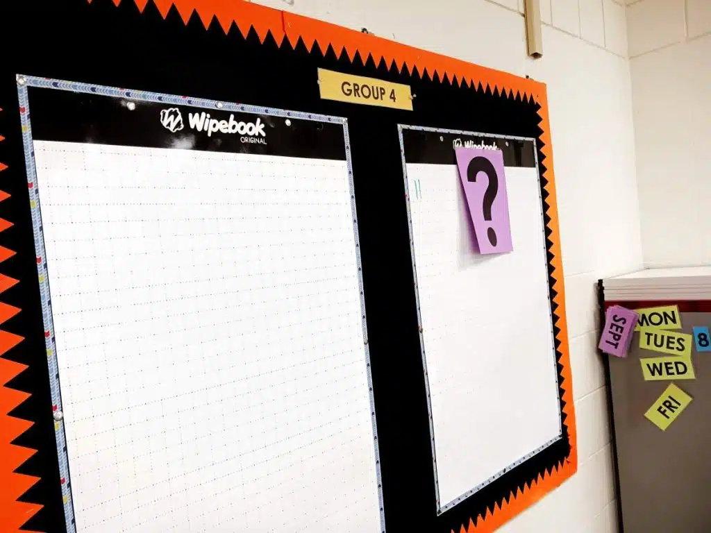 question mark poster taped to wipebooks hanging on bulletin board in high school math classroom 