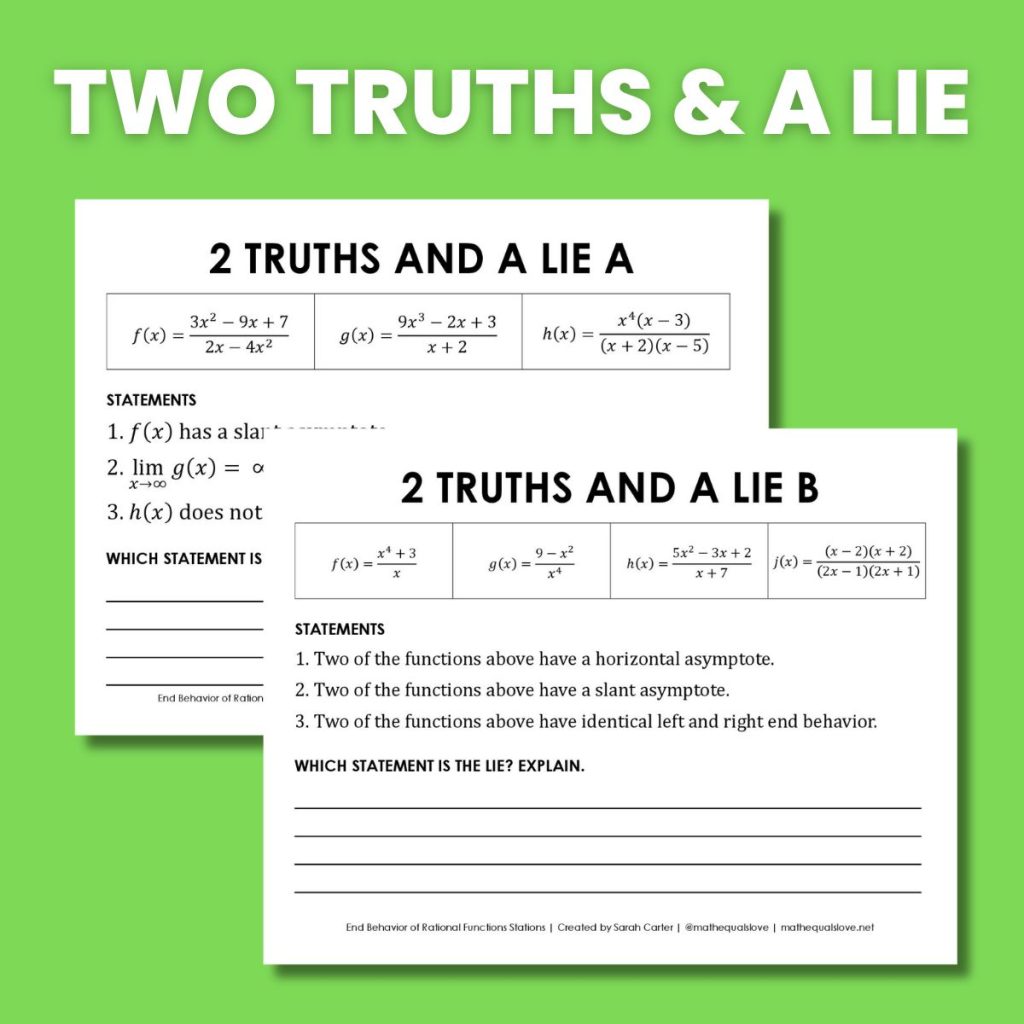 two truths and a lie activity with end behavior of rational functions. 