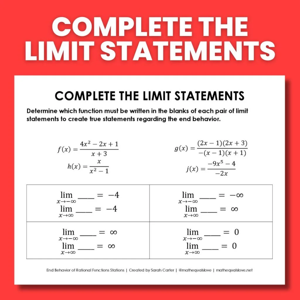 end behavior of rational functions complete the limit statements activity 