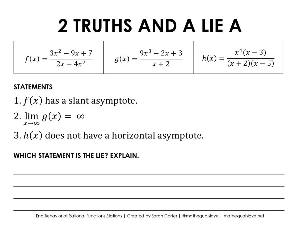 2 Truths and a Lie activity for ap precalculus 1.7 end behavior of rational functions