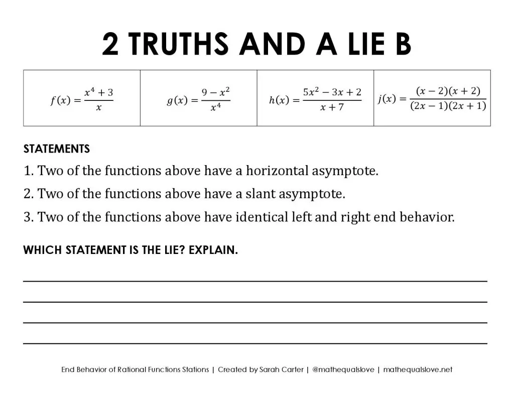 2 Truths and a lie station b activity for ap precalculus 1.7 end behavior of rational functions 