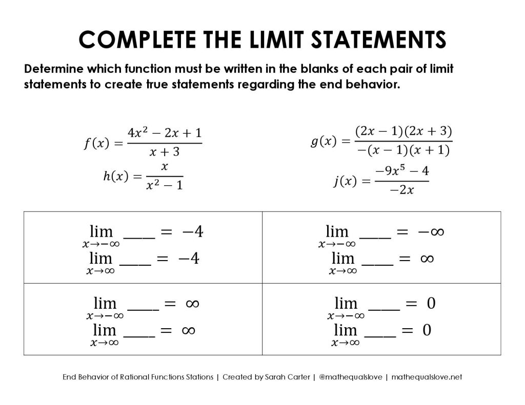 use your knowledge of the end behavior of rational functions to complete the limit statements activity ap precalculus 1.7 