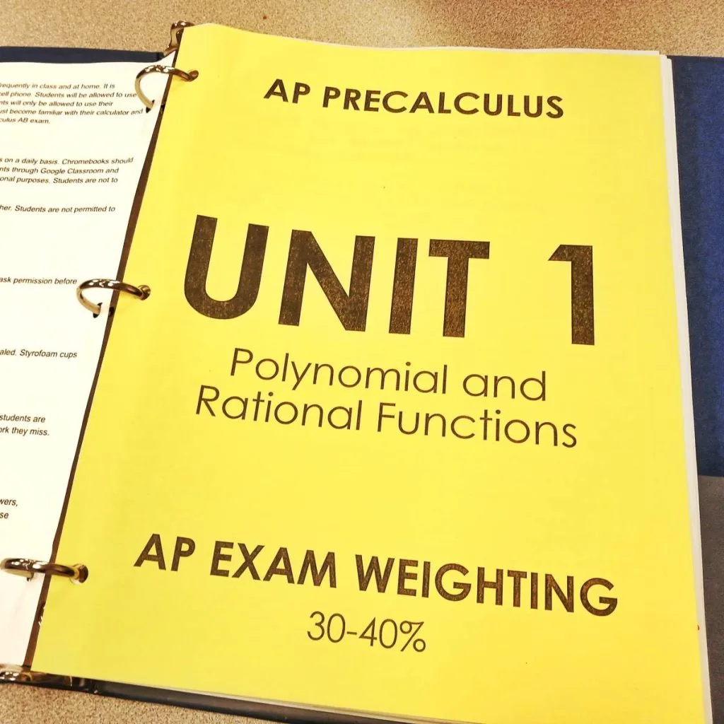 ap precalculus unit divider in binder