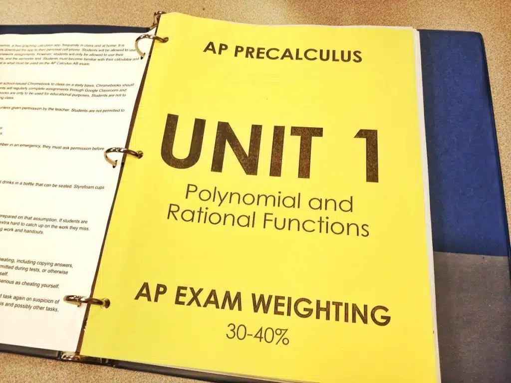 ap precalculus unit 1 divider in blue binder 