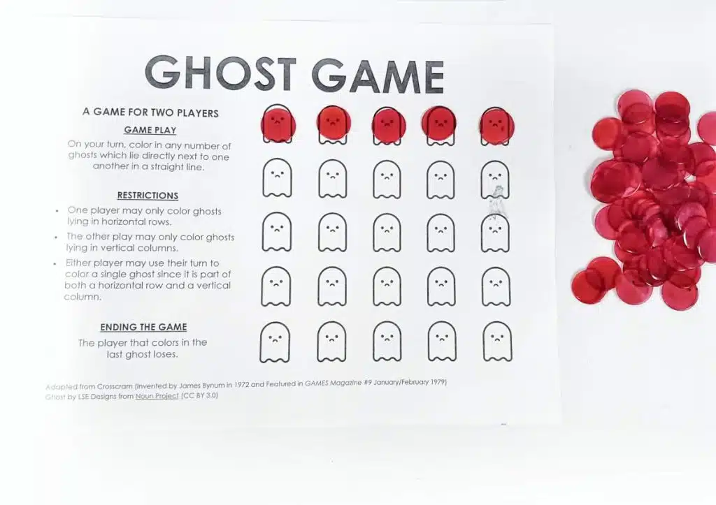 ghost game with first row covered by red bingo chips. 