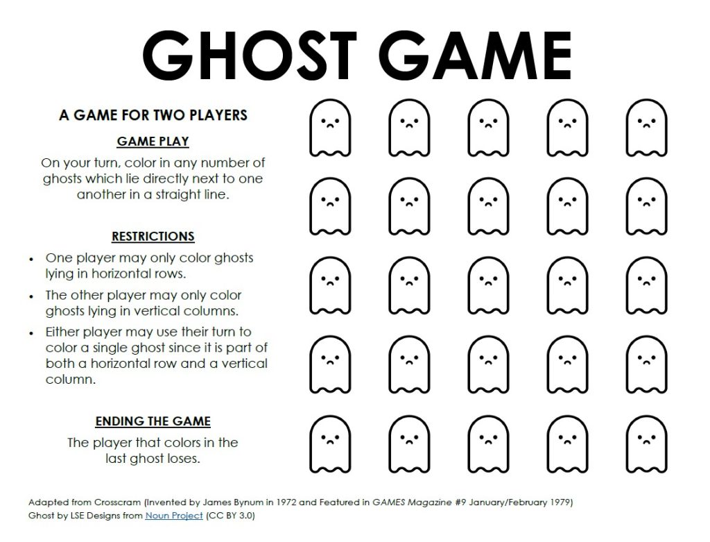 screenshot of ghost game board with 25 ghosts to be colored in for Halloween 