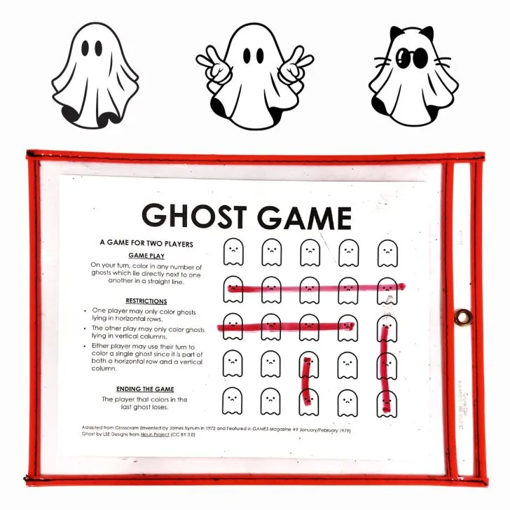 ghost game in dry erase pocket with three clipart ghosts drawn above