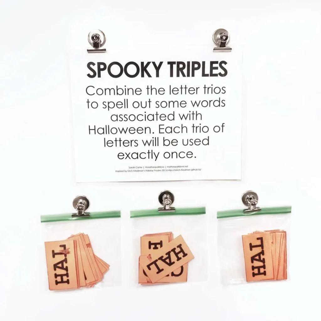 halloween triples word puzzle hanging in high school math classroom on dry erase board 