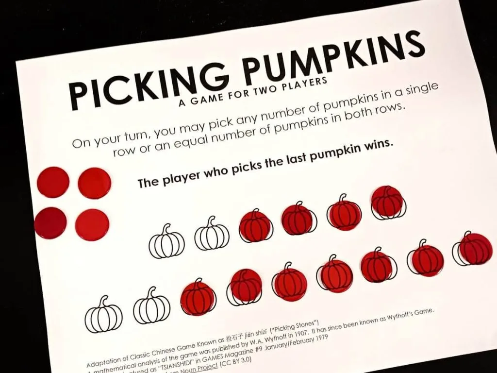 picking pumpkins game board with two pumpkins removed from each row