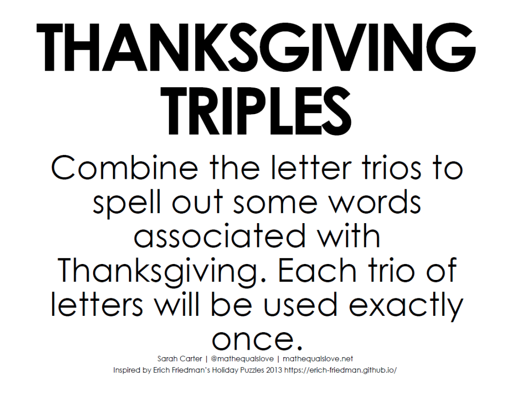 Instructions for Thanksgiving Triples Word Puzzle. 