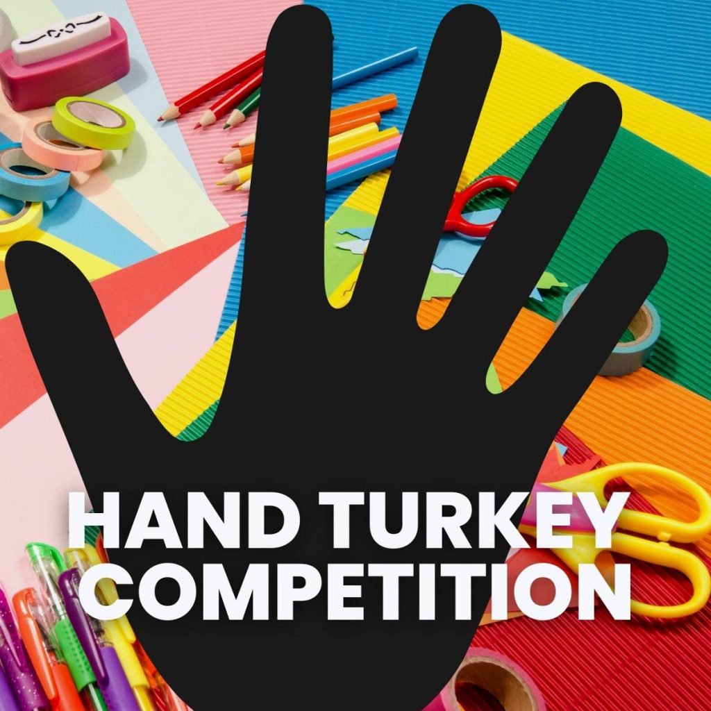 handprint over background of craft supplies with text "hand turkey competition" 