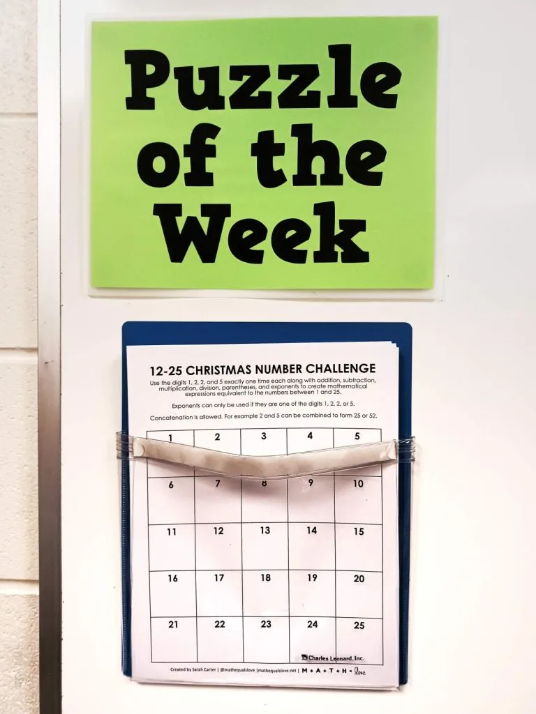 christmas number challenge in magnetic pocket under "puzzle of the week" sign 